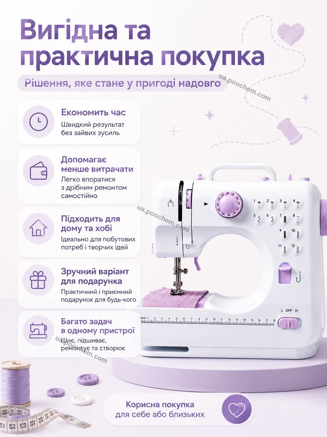 Комплектація міні швейної машинки педаль блок живлення нитки шпульки голка